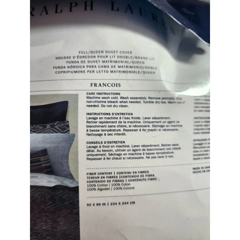 Ralph Lauren Full/Queen Duvet Cover Francois Navy Blue 100% Cotton 92x96  Luxury
